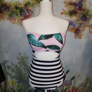 Tropical & Striped Strapless One Piece Wwith Cutouts